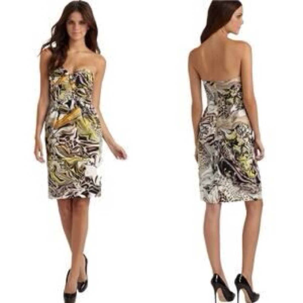 leifsdottir Strapless Abstract Panther Sheath Dress in Yellow, Black & White